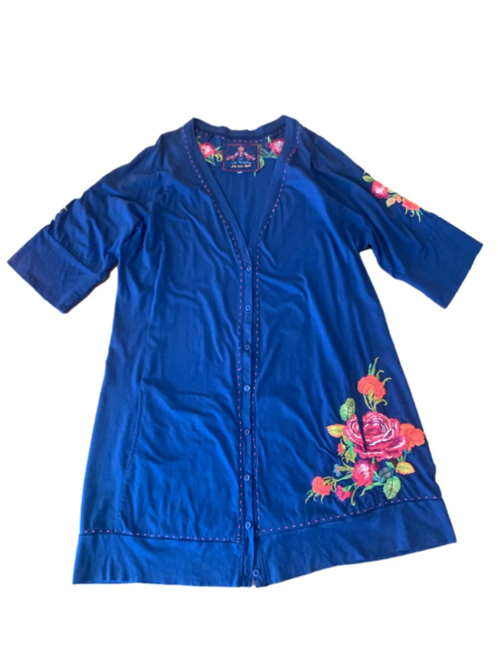 Johnny Was Cardigan XL Navy Blue Multi embroidered Floral